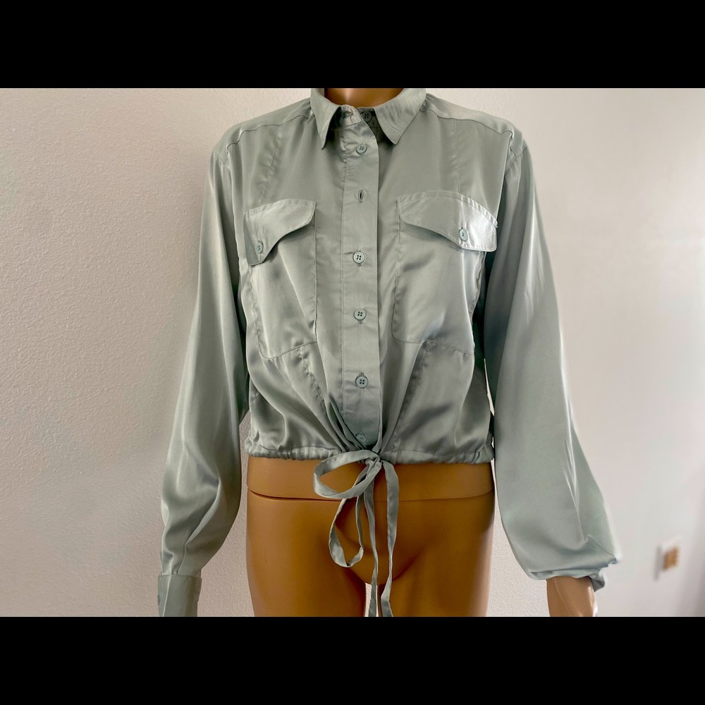 Rd style teal satin crop blouse button up